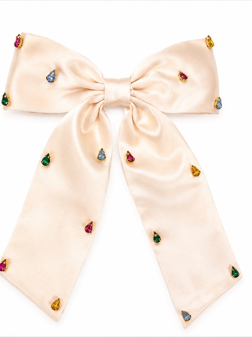 Cream Satin Bow Hair Clip with Multicolored Gem Embellishments